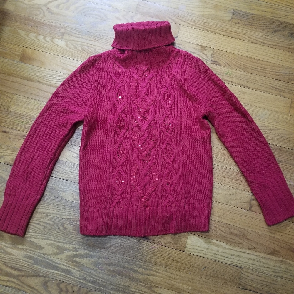 Apt 9 Knit Womens Rope Braid Large Turtleneck Sweater Sequin Deep Red